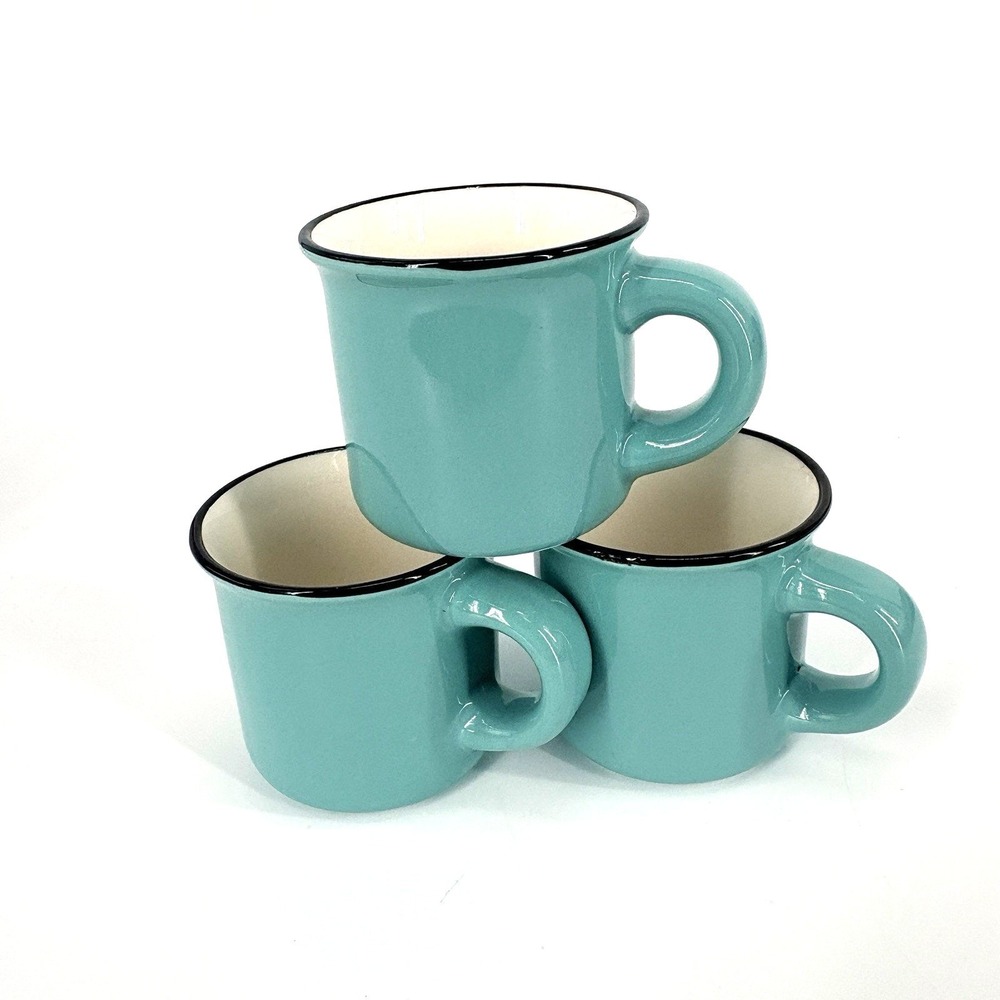 Set of 3 Robert Stanley Demitasse Espresso Cups Teal Blue Enamel Black Rim